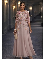 preiswerte Bodenlänge-A-Linie Bodenlang Spitzenkleid Brautmutterkleid Langarm Rundhalsausschnitt Illusionsausschnitt Elegant Vintage Formell Hochzeitsgast Hochzeitsfeier Chiffon Spitze mit Blumenmuster 3D-Blumen Stickerei