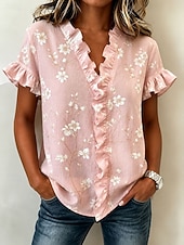 baratos Blusas Florais-Mulheres Túnica Frufru Floral Gráfico Elegante Moda Diário Manga Curta Decote V Tops regulares Casual Diário Amarelo Rosa Verde Verão Primavera