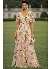 preiswerte Bodenlänge-A-Linie Kleid Bodenlang Maxidress Partykleid Cocktailkleid Brautmutterkleid Kurzarm V Ausschnitt Elegant Vintage luxuriös Formell Hochzeitsgast Kentucky Derby Chiffon Tüll mit Blumenmuster 3D-Blumen