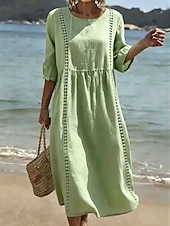  Mujer Vestido Midi Vestido de encaje vestido de playa Vestido informal Vestido de verano Básico Clásico Diario Vacaciones Holgado Plano Media Manga Cuello Barco Blanco Amarillo Verde Trébol Verano