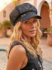 voordelige Dameshoeden-Zomerse pet met pailletten en sterrenmotief voor dames, gemaakt van ademend mesh. &amp;linnenmix, resort &amp;Platte reishoed, champagne goudbeige/wit/zwart, elegante dameshoed