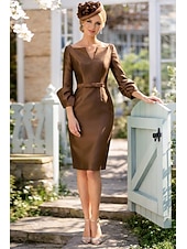 cheap Cocktail Dresses-Sheath Column Knee Length Cocktail Dresses Party Dresses Elegant Minimalist 3/4 Length Sleeve V Neck Formal Wedding Guest Satin with Sash / Ribbon Pure Color