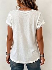  Mulheres Camiseta T-shirt Renda Patchwork Côr Sólida Elegante à moda Manga Curta Decote V Tops regulares Casual Branco Verão Primavera