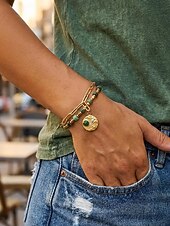 preiswerte Damenarmband-Damen-Doppelarmband im Boho-Stil mit mehreren Lagen Perlen, Naturstein &amp;Charm-Armband aus Titanstahl für Damen, Sommer-Schmuckstück mit mehreren Anhängern – perfekt für Urlaub, Alltag und als Geschenk