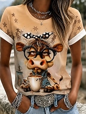 giorno del Ringraziamento Per donna Maglietta Blocco di colore Stampato Grafico Animale Mucca Vintage Elegante Classico Manica Corta Girocollo Top Regolari Casuale Quotidiano Bianco Beige chiaro Rosa
