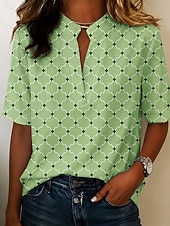 preiswerte Streifen- und geometrische Blusen-Damen Bluse Knöpfe Druck Grafik Geometrisch Vintage Stilvoll Modern Kurzarm Hemdkragen Normale Oberteile Lässig Täglich Blau Gelb Rosa Grün Sommer Frühling