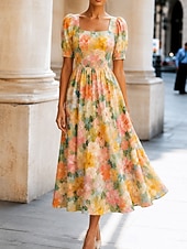  Women's Midi Dress Casual Dress A Line Dress Elegant Vacation Stylish Beach Holiday Regular Fit Floral Graphic Short Sleeve Square Neck Pink Orange Summer Spring