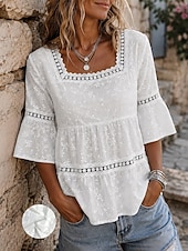 abordables Lace Tops-Women's Lace Splicing Top Ruched Texture Ruffle Elegant 3/4 Length Sleeve Square Neck Casual White Summer Spring