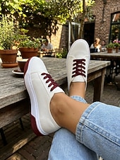 abordables Ténis de mulher-Women's White Lace-up Canvas Sneakers – Lightweight Casual Walking Shoes with Non-Slip Flexible Sole for School, Travel and Everyday Wear