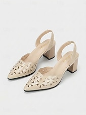 cheap Slingback Pumps-Women's Comfortable Beige Patent Leather Slingback Pumps - Pointed Toe Mid Block Heel Cutout Shoes for Office Work &amp; Business Career