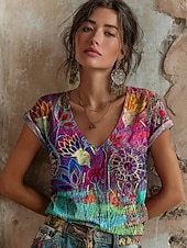 ieftine tricou floral-Pentru femei Tricou Imprimeu Floral Grafic Stilat Clasic Casual Manșon scurt În V Topuri obișnuite Casual Zilnic Albastru piscină Galben Roșu-aprins Mov Trifoi Vară Primăvară