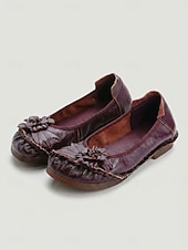 voordelige Platte damesschoenen-Dames ballerina's van premium rundleer in een brede pasvorm - handgemaakte comfortabele schoenen met 3D-bloemenapplicatie en gestikte afwerking, vintage instapschoenen voor casual gebruik, reizen en