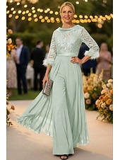 economico Tute della mamma-Tuta Completo Pantalone Lunghezza al pavimento Abito da cerimonia per signora Mezza Manica Collo gioiello Elegante Vintage Ospite di nozze Chiesa Chiffon con Piuma Paillettes Applicazioni