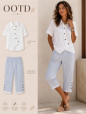  Women's Linen Shirts Blouse Buttons Solid Color Basic Casual Short Sleeve Shirt Collar Regular Tops Daily Blue White Apricot Summer Spring