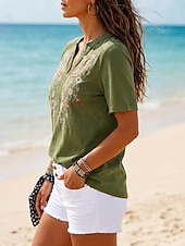  Per donna Top con cuciture in pizzo Patchwork Ricamato Bordo in pizzo Quotidiano Manica Corta Collo a V Casuale Verde militare Estate Primavera