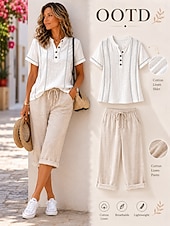  Femmes Chemises en coton et lin Chemisier Graphique Rayé ancien Élégant Basique Manche Courte Col en V Hauts Réguliers Occasionnel Quotidien Bleu Blanche Rose Claire Vert Été Printemps