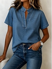  Camisa de mujer estilo denim, algodón lavado, estilo boho, encaje, patchwork, denim, color liso, estilo vintage western, casual, manga corta, cuello cuadrado, tops regulares, casual, diario,