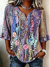  Damen Hemd Patchwork Knöpfe Druck Grafik Geometrisch Gestreift Vintage Stilvoll Dreiviertelarm V Ausschnitt Crop Tops Lässig Täglich Ferien Dunkelgrün Purpur Braun Grün Sommer Frühling