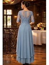 preiswerte Teelänge-A-Linien-Kleid, asymmetrisch, Partykleid, Cocktailkleid, Hochzeitsgastkleid, Kleid für die Mutter der Braut, halblange Ärmel, Rundhalsausschnitt, elegant, schlicht, formell, einfarbig