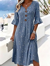 baratos Vestidos Florais-Mulheres Vestido midi Vestidos Para o Verão Vestido casual Vestido A Line Elegante Férias à moda Praia Feriado Normal Floral Gráfico Manga Curta Decote V Azul Rosa Roxo Verão Primavera