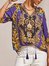 economico Bluse e camicie-Top in chiffon barocco color viola notte con maniche a 3/4