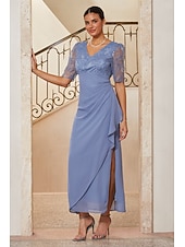  Women's Sheath Column Cocktail Dress Wedding Guest Dress Ankle Length V Neck Half Sleeve Illusion Sleeve Empire Waist Elegant Mother Of The Bride Semi Formal with Chiffon 3D Floral Mesh Lace Slit
