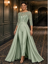 economico Tute della mamma-Tuta Completo Pantalone Lunghezza alla caviglia Abito da cerimonia per signora Manica 3/4 Scollo a Barca Elegante Formale Ospite di nozze Semi-Formale Pizzo Crepe Elasticizzato con Perline Paillettes