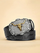 cheap Men's Belts-Men's Western Cowboy Belt, Vintage Embossed Faux Leather Belt for Men, Adjustable Length Country Style Waistband with Large Bull Skull Buckle, Retro Rodeo Jeans Accessory, Black Brown Colors