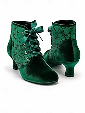  Grüne viktorianische Samt-Ankle-Boots für Damen, Schnürstiefel mit floraler Spitze und Kitten-Heel im Vintage-Stil für Partys, Cosplay und als Hochzeitsgast-Outfit