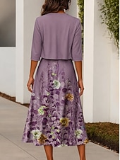 preiswerte Blumenkleid-Damen Zwei-Teiler Kleid Sets Midi Kleid mit Jacke Elegantes A-Linien Kleid Halbarm Casual Semi Formal Ombre Blumenmuster V-Ausschnitt Date Pink Blau Lila Regelmäßige Passform
