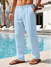 cheap Holiday-Men's Cotton Linen Pants Trousers Summer Pants Baggy Pants Beach Pants Pleated Pocket Solid Color Comfort Breathable Full Length Casual Daily Outdoor Vacation Fashion Loose Fit Blue White Inelastic