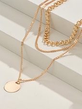 voordelige Dames ketting-Damesketting met ronde schijfhanger in goud-zilveren lagen, minimalistische meerlaagse ketting van legering, elegante ketting voor elke dag, geschikt voor vakantie, werk, feestjes en als cadeau.