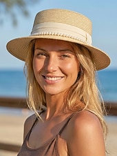 cheap Women's Hats-Women's Flat Top Straw Boater Hat, Pearl Trim Summer Sun Hat, Multiple Colors, Elegant Wide Brim Vacation Beach Hat for Travel, Resort, Garden Party &amp; Daily Wear