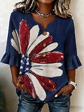  Per donna Camicia casual Top estivi Blusa Bottoni Grafico Bandiera Americana Elegante Bohemien Attivo Scollo a V Top lunghi Casuale Blu Bianco e blu Rosso / blu Estate Primavera Autunno Inverno