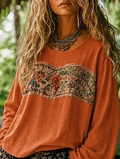 tanie Koszule-Damskie Koszula Koszule lniane Koszula Boho Bluzka Haft Kwiaty Codzienny Boho Długi rękaw W serek Zwykłe topy Codzienny Święto Czarny Fuksja Pomarańczowy Morelowy Szary Lato