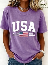  día de la independencia americana Mujer 100% Algodón Camiseta Tops lavados estilo vintage Estampado Graphic Bandera Elegante Básico Casual Manga Corta Cuello Barco Tops largos Casual Diario Azul