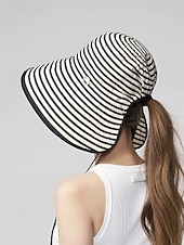 cheap Women's Hats-Women's Striped Foldable Sun Hat, Wide Brim Polyester Beach Hat for Women, Packable Summer Travel Vacation Cap, Elegant UV Protection Hat