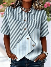 abordables Blusas a rayas y geométricas-Women's Shirt Patchwork Striped Bohemia Vacation Daily Sleeveless Turndown Long Tops Casual Blue Black Yellow Pink Green Summer Spring