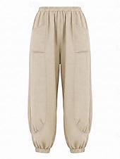 abordables Collection de Lin en Premium-Pantalon large en lin pour femme, taille mi-haute, poches pleine longueur, ceinture élastique, couleur bordeaux et bleu azur, idéal pour les vacances