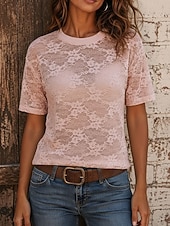  Damen Spitzentops Spitze Netz Blumen Grafik Elegant Mode Kurzarm Rundhalsausschnitt Normale Oberteile Lässig Weiß Schwarz Rosa Sommer Frühling