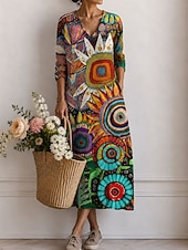 cheap Boho Dress-Women's Midi Dress Sundress Casual Dress A Line Dress Vacation Casual Boho Holiday Regular Fit Graphic Abstract Long Sleeve V Neck Blue Pink Khaki Summer Spring