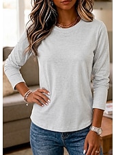  Per donna 100% cotone Maglietta Tinta unica Classico Casual Manica Lunga Girocollo Top Regolari Casuale Quotidiano Blu Bianco Nero Rosa Grigio chiaro Inverno Primavera, Autunno, Inverno, Estate