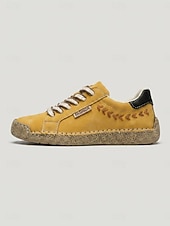 cheap Women's Sneakers-Women's Yellow Handcrafted Retro Casual Sneakers – Embroidery Lace-up Walking Shoes with Non-slip Sole for Travel, Outdoor Walking &amp; Everyday Wear