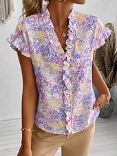 abordables Blusas Florales-Mujer Camisa Sayo Volante Floral Graphic Elegante Moda Diario Manga Corta Escote en Pico Tops regulares Casual Diario Morado Naranja Verde Trébol Verano Primavera