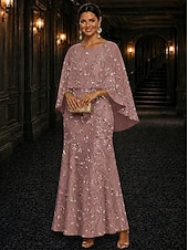 billiga Knöchellänge-A-Line Dress Floor Length Ankle Length Cocktail Dress Mother of the Bride Dress Long Sleeve Scoop Neck Elegant Luxurious Sparkle &amp; Shine Formal Wedding Guest Semi Formal Lace with Beading Sequin