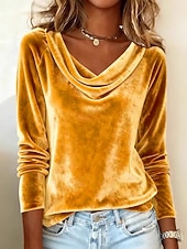 voordelige Effen t-shirt-Damesblouse van fluweel met colkraag en lange mouwen, elegante raglanmouwen, zachte velours, casual, chique tuniek.