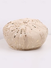 voordelige Dameshoeden-Zomerse pet met pailletten en sterrenmotief voor dames, gemaakt van ademend mesh. &amp;linnenmix, resort &amp;Platte reishoed, champagne goudbeige/wit/zwart, elegante dameshoed