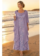  A-Line Ankle Length Lace Dress Mother of the Bride Dress Long Sleeve Scoop Neck Elegant Vintage Formal Wedding Guest Wedding Party Chiffon Lace with Ruffles Embroidery Cascading Ruffles