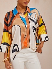 cheap Blouses &amp; Shirts-Abstract Art Silky Satin Top