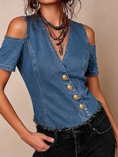  Blusa feminina estilo jeans patchwork, cor lisa, vintage, estilo western, manga curta, decote em V, modelo regular, ideal para o dia a dia, para sair, nas cores azul, preta e azul claro, perfeita para